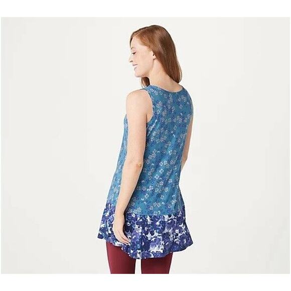 LOGO Layers Lori Goldsten Knit Tank XXS Blue Floral Double Layer Print NWOT - Picture 2 of 6